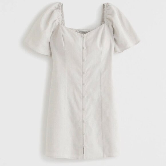 New Beige Tall Abercrombie Linen Blend Button Through Mini Dress - Picture 2 of 4